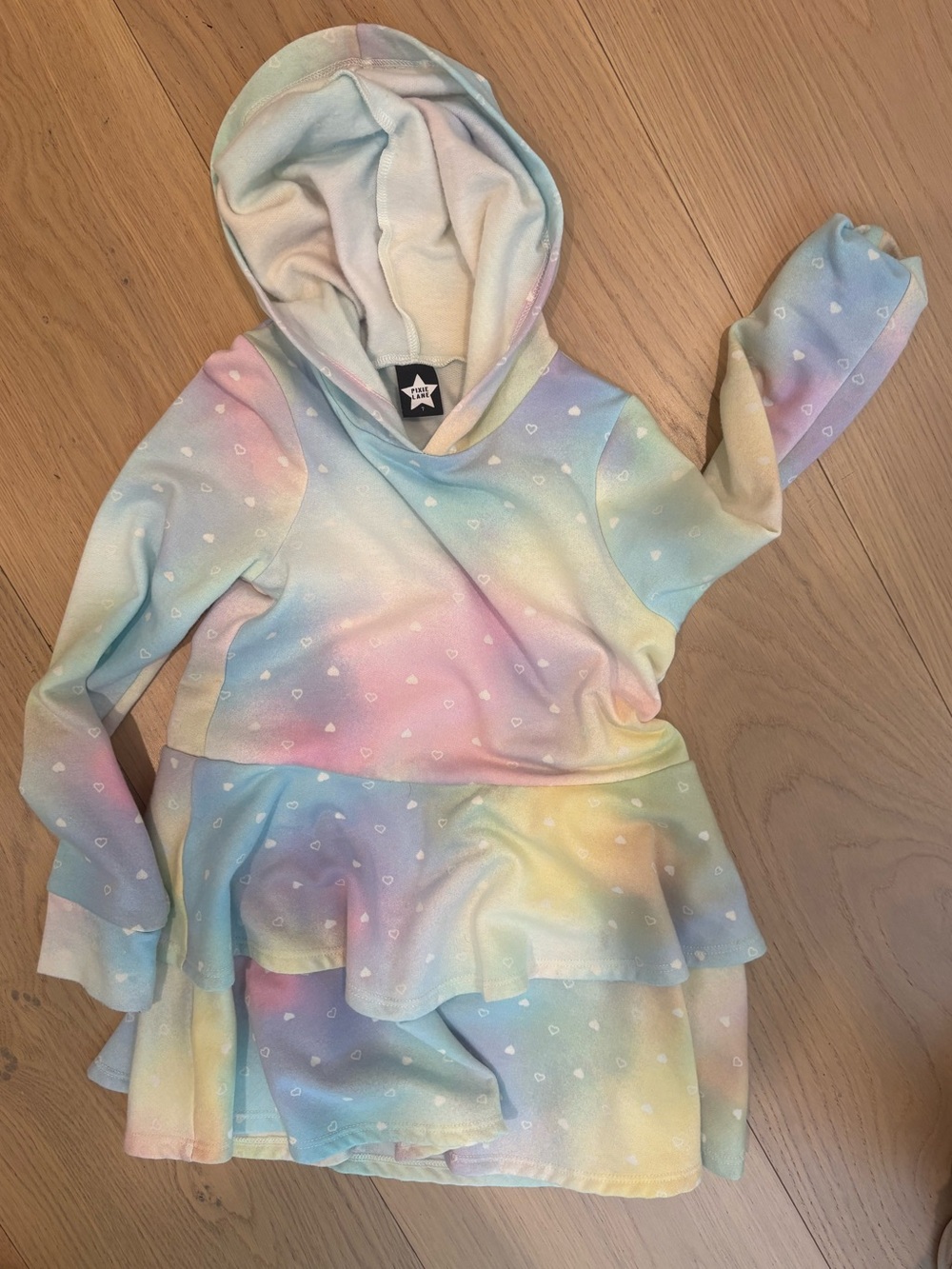 Girls' Pastel Rainbow Hooded Peplum Dress with Heart Print